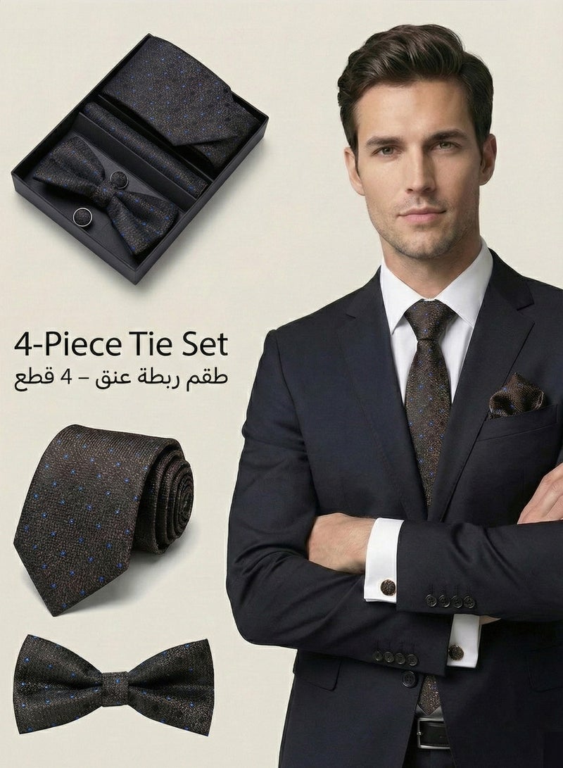 FIORICASA Men's Tie & Bowtie Gift Set - Dark Charcoal with Blue Polka Dot Necktie, Matching Bow Tie, Pocket Square and Cufflinks - Elegant Formal Suit Accessory Box - Image 1